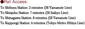 ●電車で 「渋谷」駅へ(JR山手線利用)2分「新宿」駅へ(JR埼京線利用)7分「品川」駅へ(JR山手線利用)8分「六本木」駅へ(東京メトロ日比谷線利用)6分